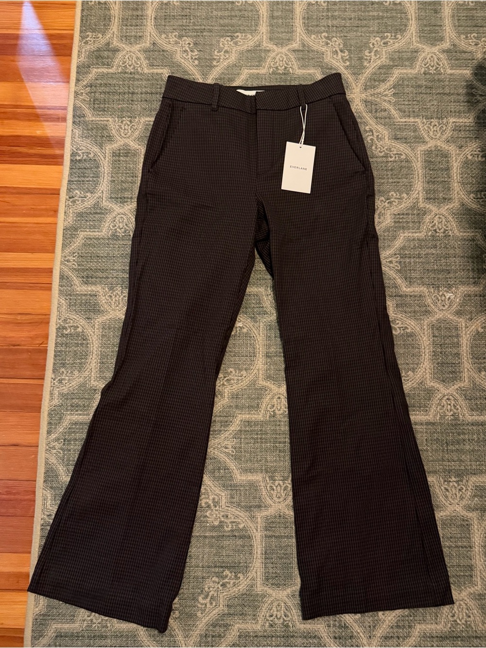Everlane Dark Brown and Black Micro-Check Flared Leg Trousers